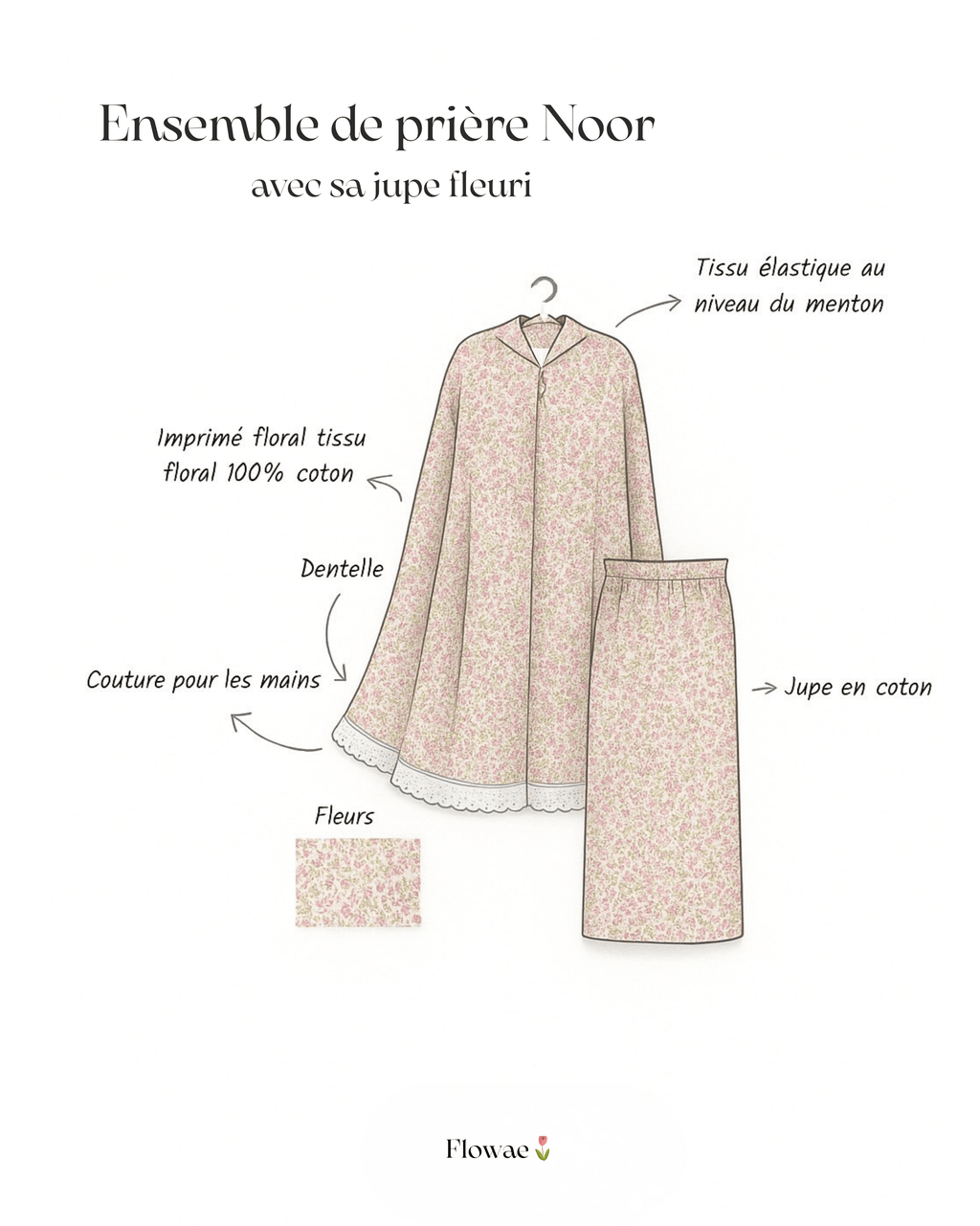 croquis dessin de l'ensemble de prière noor imprimé floral, tissu en coton, tissu elastique, couture pour les mains, fleurs jupe en coton flowae
