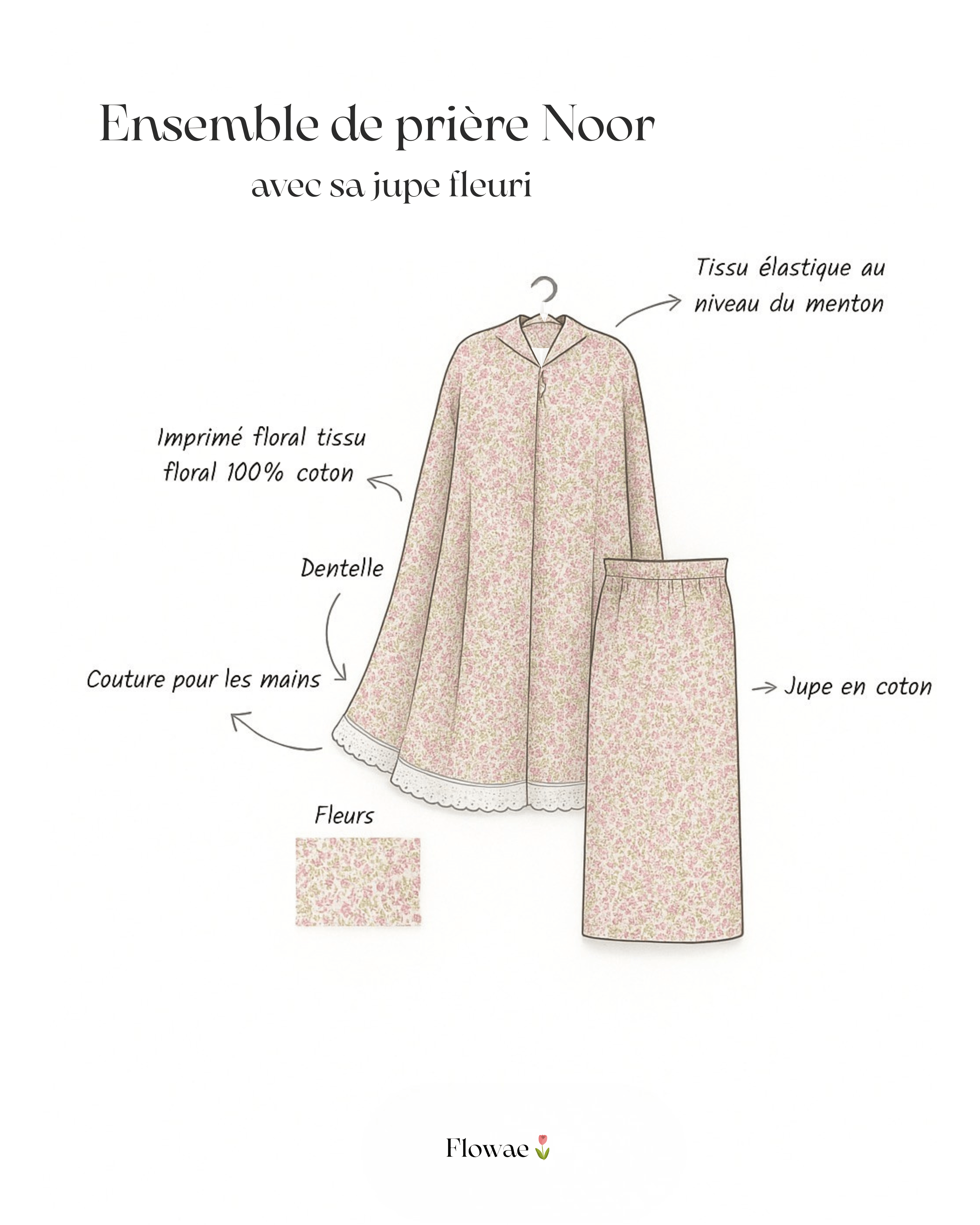 croquis dessin de l'ensemble de prière noor imprimé floral, tissu en coton, tissu elastique, couture pour les mains, fleurs jupe en coton flowae