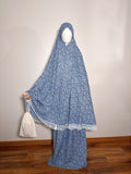 Ensemble de prière Noor bleu en coton et dentelle et son pochon flowae