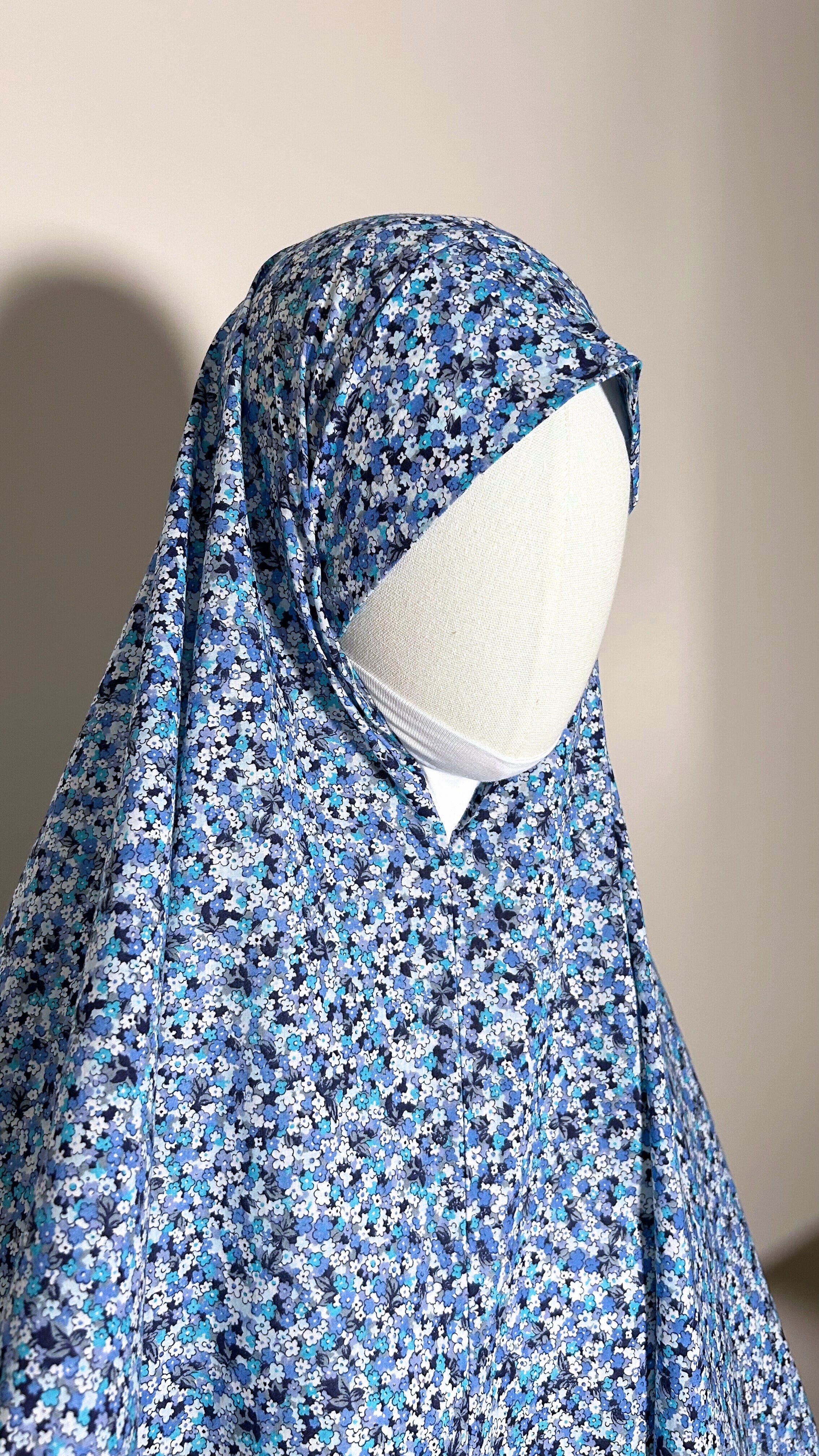 jilbab de priere noor bleu fleur en coton tissu elastique au niveau du cou pour confort flowae