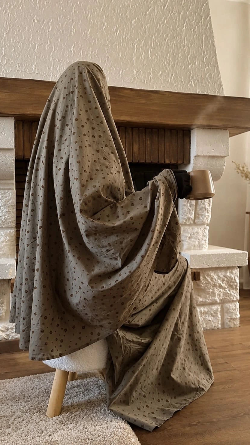 Abaya de prière confortable en coton et lin  fleurs en velours, coloris taupe kaki tenue de prière ample Flowae