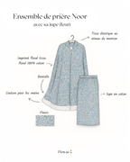 croquis dessin de l'ensemble de prière noor imprimé floral, tissu en coton, tissu elastique, couture pour les mains, fleurs jupe en coton flowae