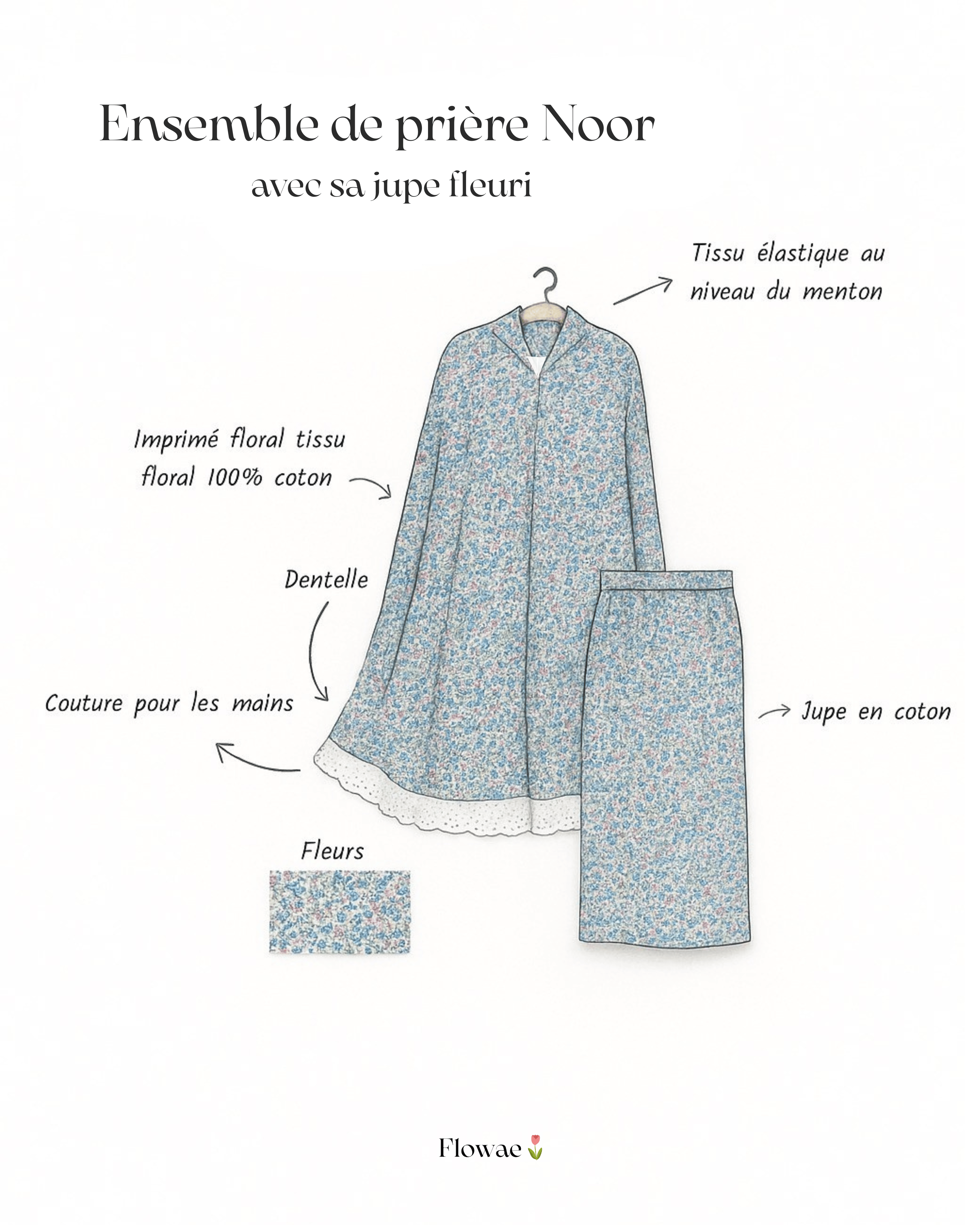 croquis dessin de l'ensemble de prière noor imprimé floral, tissu en coton, tissu elastique, couture pour les mains, fleurs jupe en coton flowae