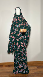 ensemble de prière fleuri rose vert émeraude en coton et viscose tissu naturel éthique écoresponsable esthétique femme musulmane france