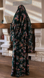 Abaya fleurie vert émeraude avec khimar assorti ensemble de prière musulmane Flowae