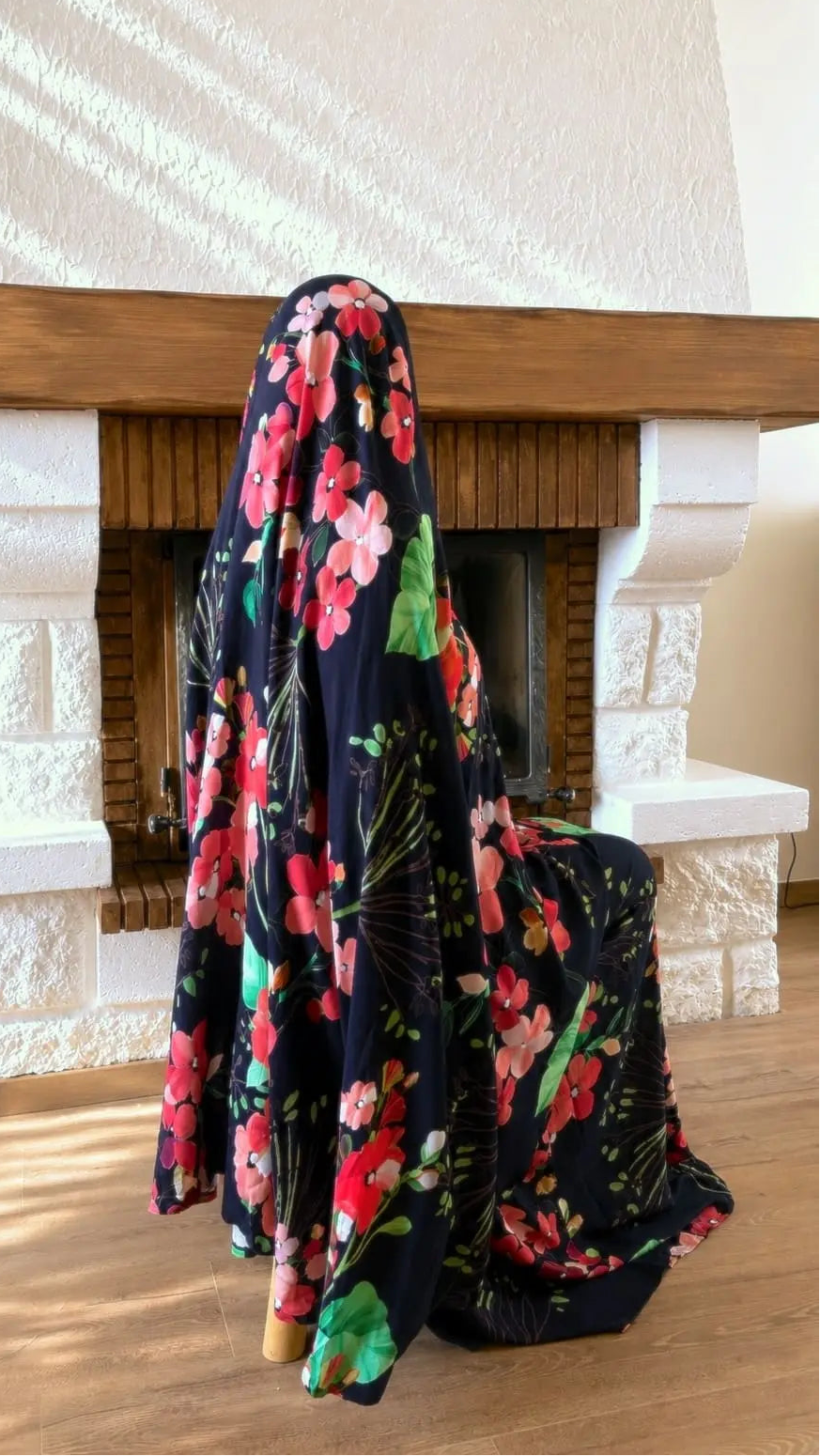 Robe de prière Maghrib bleu nuit à fleurs roses tenue de prière femme Flowae