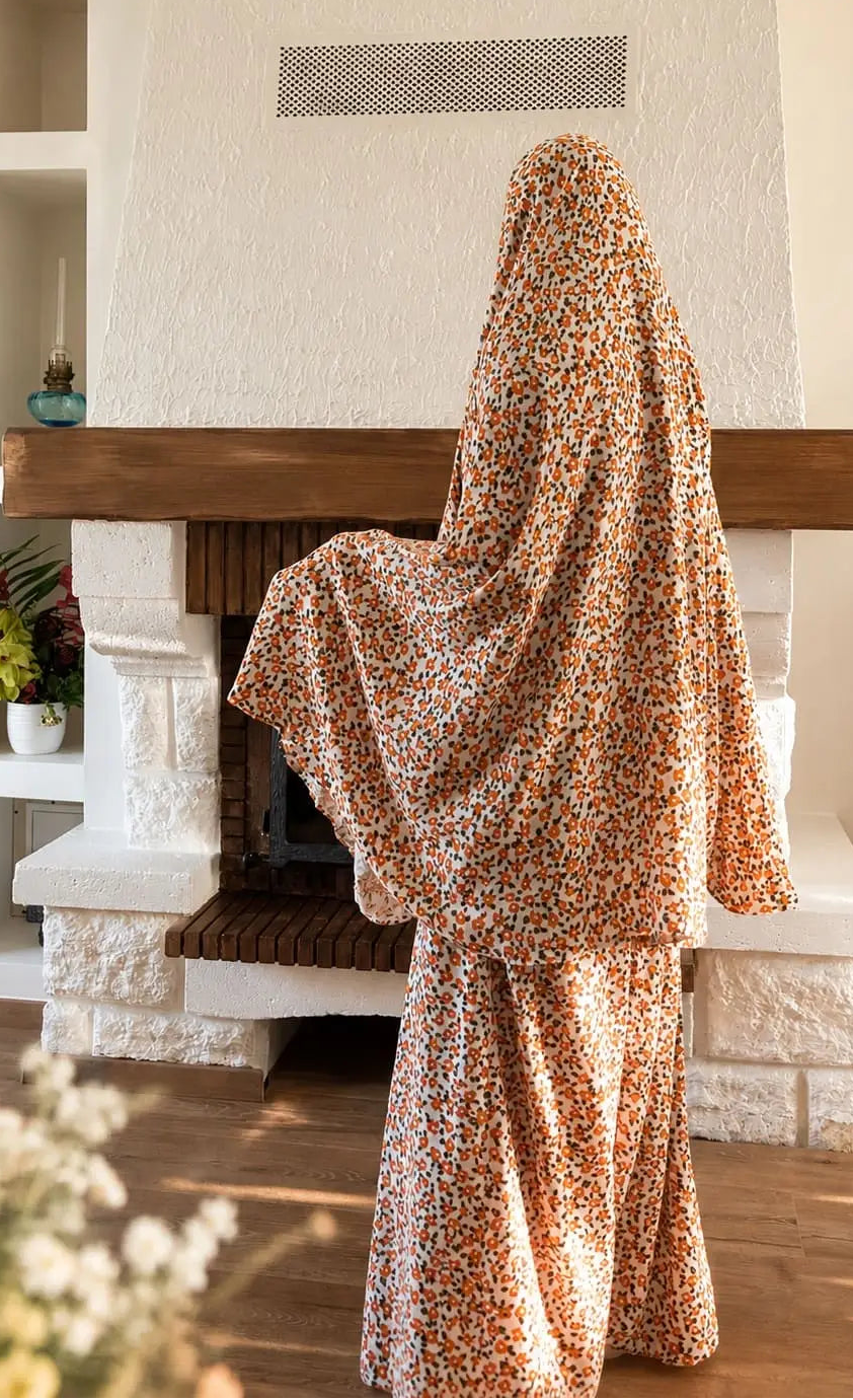 Set de prière femme avec hijab, imprimé floral orange et blanc ensemble prière islamique Flowae